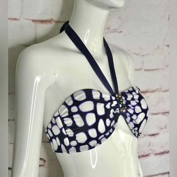 ST. JOHN Pebble Size 6 Bandeau & Halter Tie Embellished Swim Top Navy & White - Picture 10 of 15